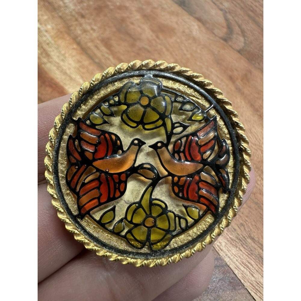 Plique A Jour Stained Glass Bird Pin Brooch Goldtone Vintage